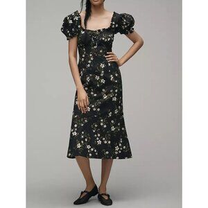 Maeve Linen Blend Puff-Sleeve Sweetheart Midi Dress 2X